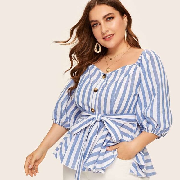 Striped Peplum Top with Button Front Belt - Picture 2 of 4